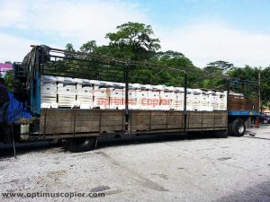 Our large lorry loaded with multiple new photostat machine ready for delivey for copier rental service and new copier for sale by Optimus Copier in Malaysia mainly Klang Valley, KL, Cyberjaya, PJ, Putrajaya, Melaka and Negeri Sembilan.